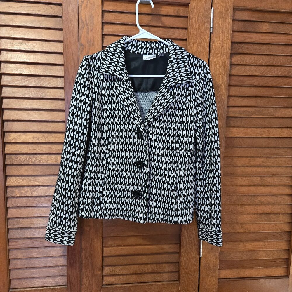 Chico's Woven Textured Black White Button Front Blazer Jacket Women's 0 - Small